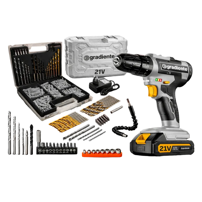 Parafusadeira Furadeira De Impacto Profissional 21v Gradiente Gpb21vw Com Kit Brocas Buchas 300 Pçs